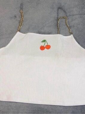 White Cherry Embroidered Chain Strap Cami Top